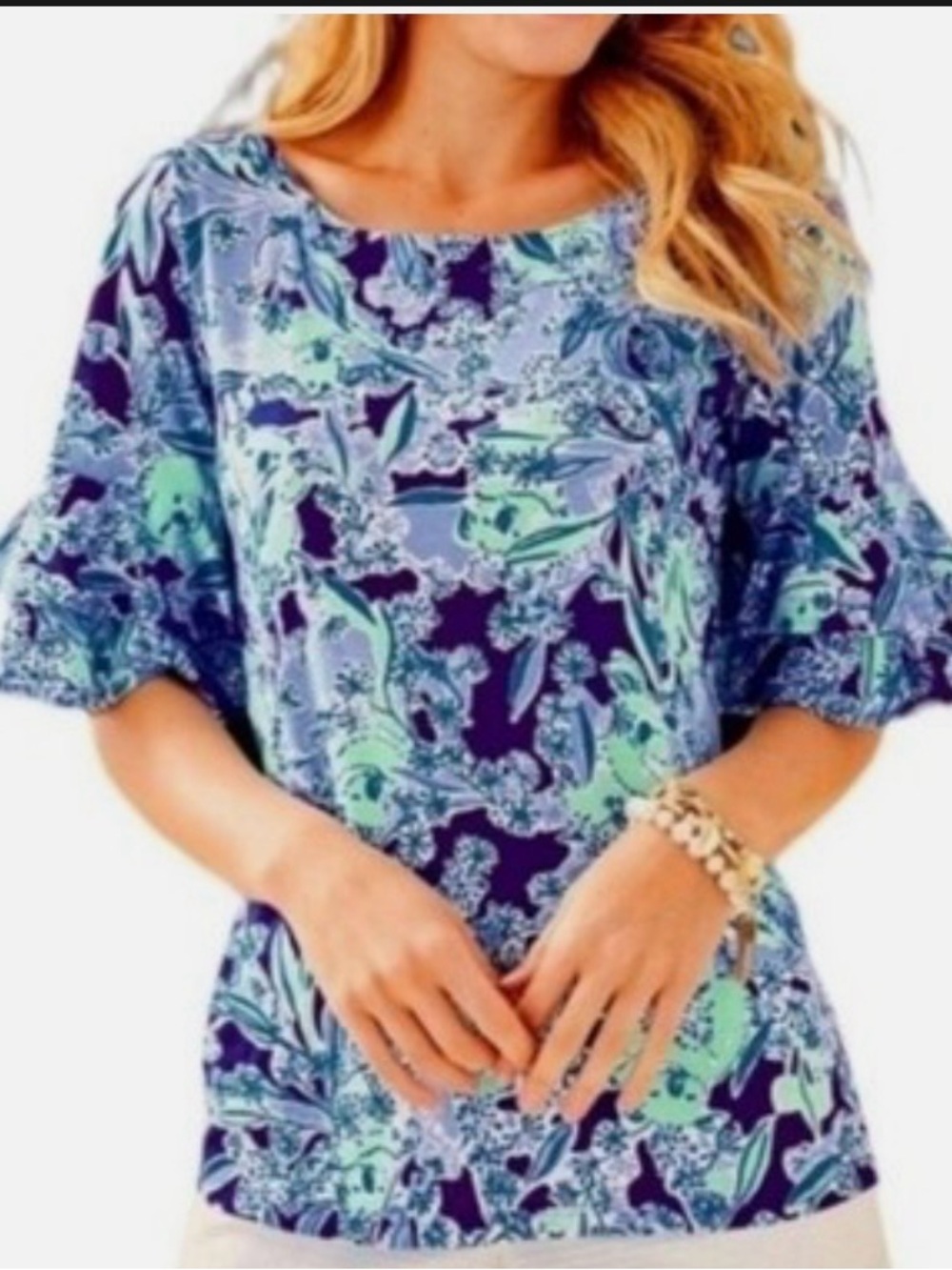 Lilly Pulitzer Navy and Aqua Floral Ruffle Sleeve Top